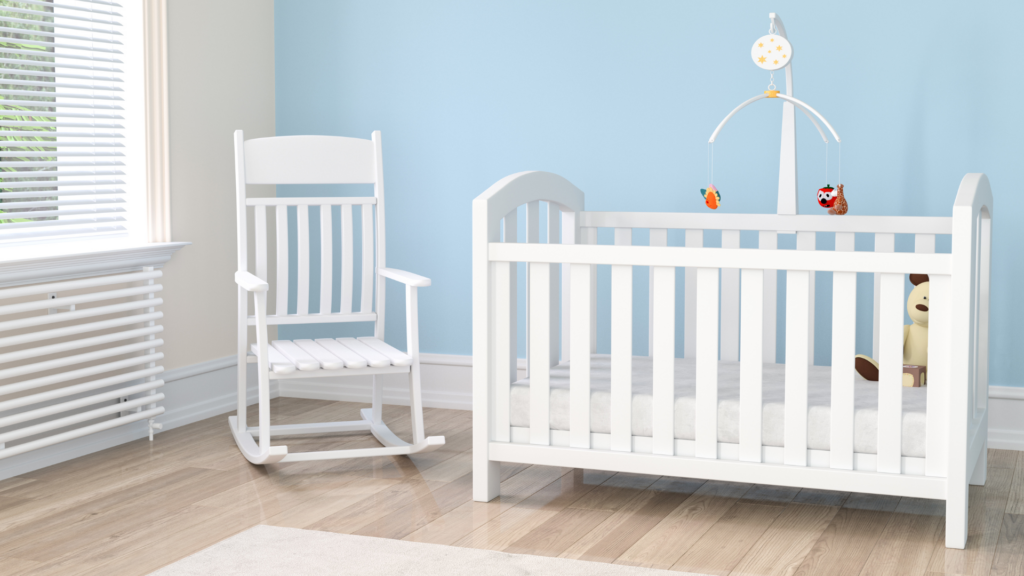 A nursery with a calming blue pallet background